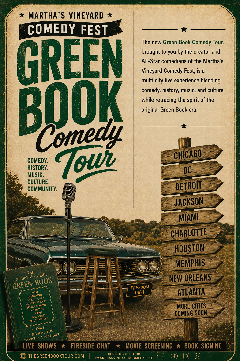Green Book Comedy Tour artwork, featuring a vintage car, microphone, and tour signposts.
